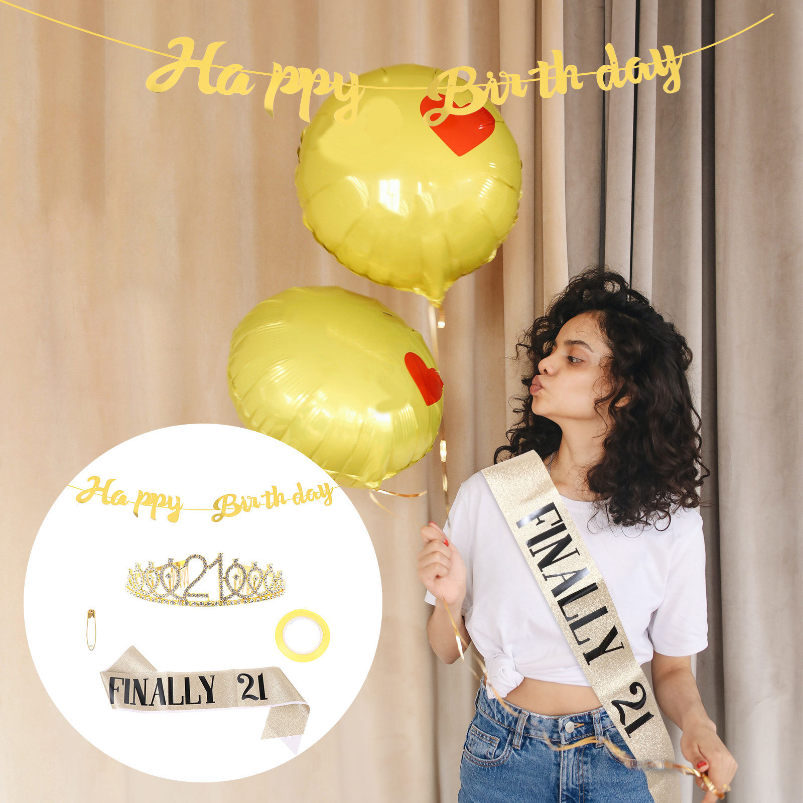 Birthday Sash Glitter - 1세트 생일 왕관 장식 세트, 여성